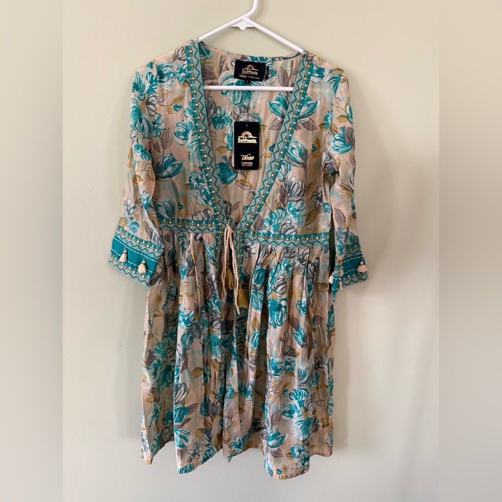 Floral Teal and Beige Dress